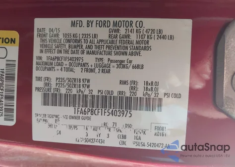 2015 Ford Mustang Gt Premium from USA, damaged, VIN 1FA6P8CF1F5403975
